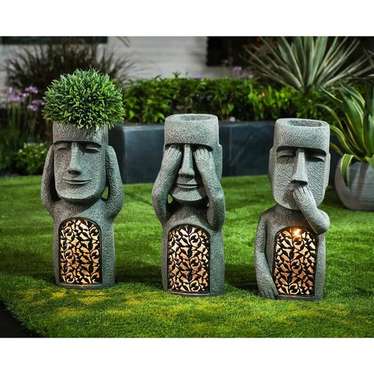 Nichts Böses sehen, nichts hören, nichts sagen, Garten-Statuen, kreative Harz-Skulptur, Außendekoration mit Licht und Batterie.